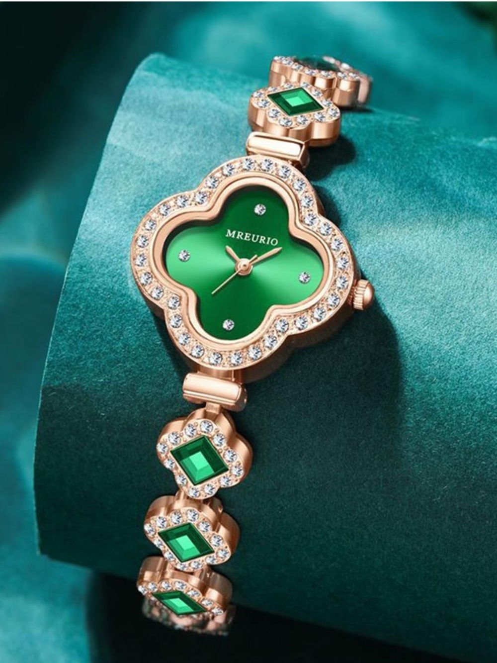 Watch-Emerald Green simulated 4 Leaf Clover Rose Gold Watches, Diamond like Brac